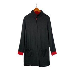 Chicos 100% Wool Black & Red Long Coat With Pockets Size 3